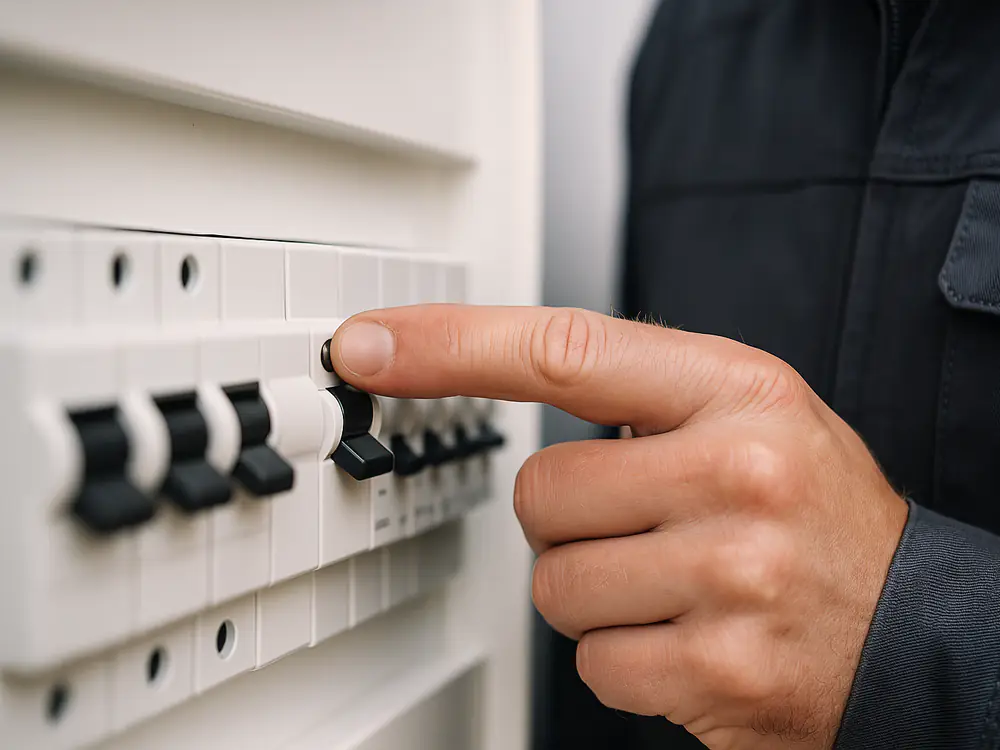 Een vinger drukt op de testknop van een aardlekschakelaar in een moderne groepenkast