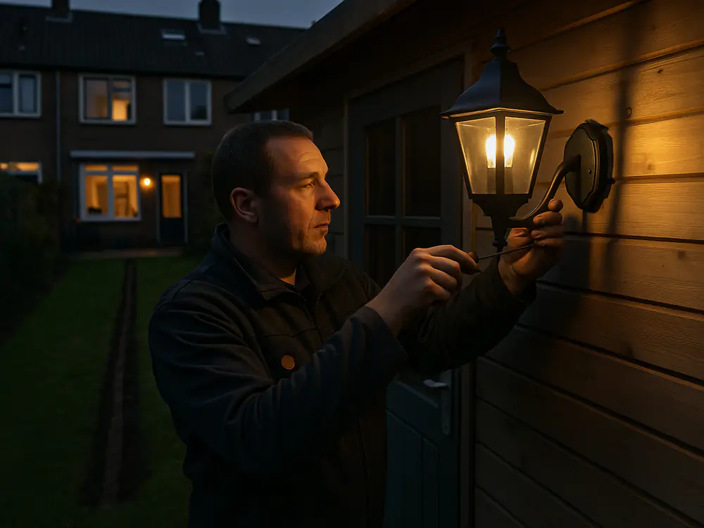 Elektricien hangt een buitenlamp op bij de schuur, met een vers dichtgemaakte sleuf voor de grondkabel in het gras