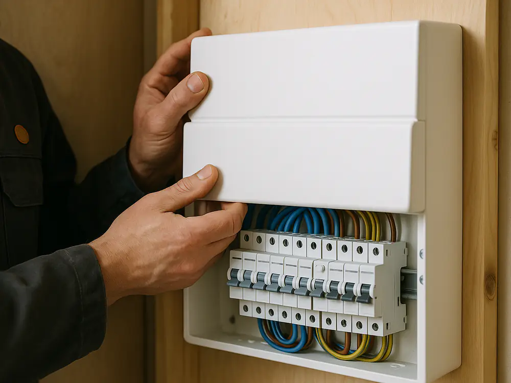 Elektricien zet de kap op een nieuwe groepenkast met aardlekschakelaars
