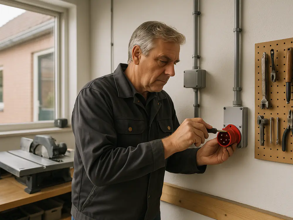 Elektricien monteert een rood krachtstroomstopcontact naast een werkbank in de garage