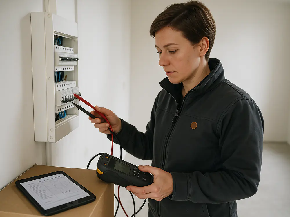 Elektricien meet een nieuwe groepenkast in een nieuwbouwwoning door voor het opleverrapport