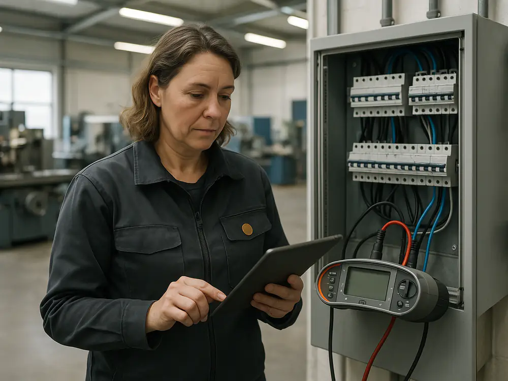 Inspecteur meet een verdeelinrichting in een werkplaats door met een installatietester en tablet