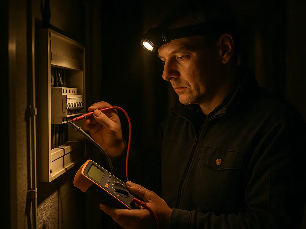 Elektricien meet met een hoofdlamp en een installatietester een groep door in de meterkast