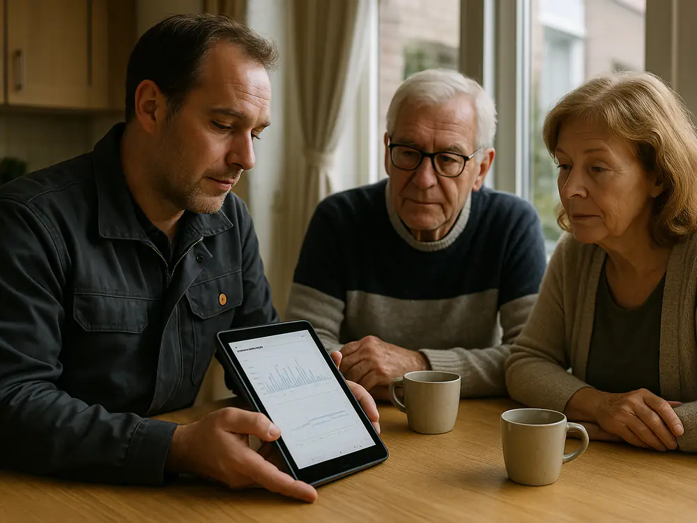 Elektricien bespreekt aan de keukentafel het meetrapport met een ouder echtpaar